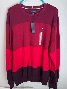 Tommy Hilfiger Men’s Burgundy & Bright Red Striped Crewneck Sweater